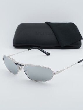 Balenciaga BB0245S 002 Unisex Geometric Sunglasses - Silver / Silver Mirror